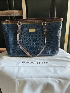 Brahmin Navy Croc-Embossed Tote with Brown Trim and Gold Hardware